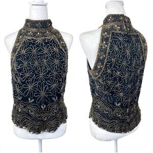 Vintage 80s Papell Boutique Beaded Silk Top Sz M Art Deco Gatsby 20s Inspired
